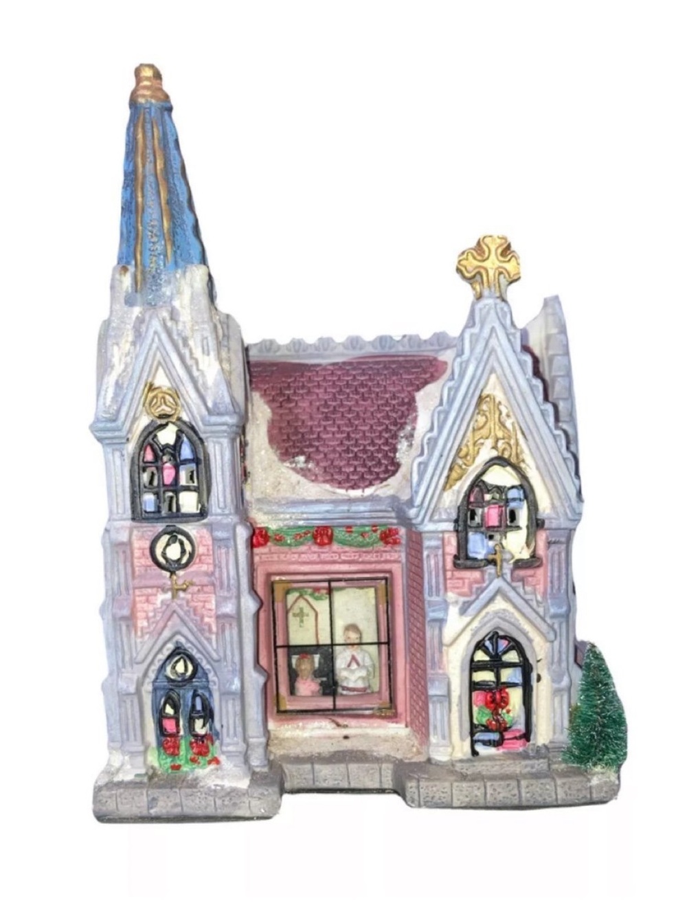 Vintage Christmas Village Pink Cathedral Church Ceramic Light Up Victoria Falls